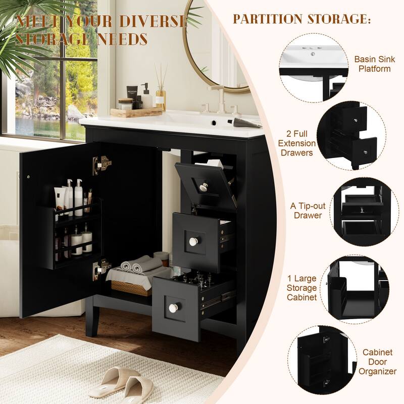 Modern 30 Inch Bathroom Vanity with Porcelain Countertop, 3 Drawers, Solid Wood and MDF Storage Cabinet