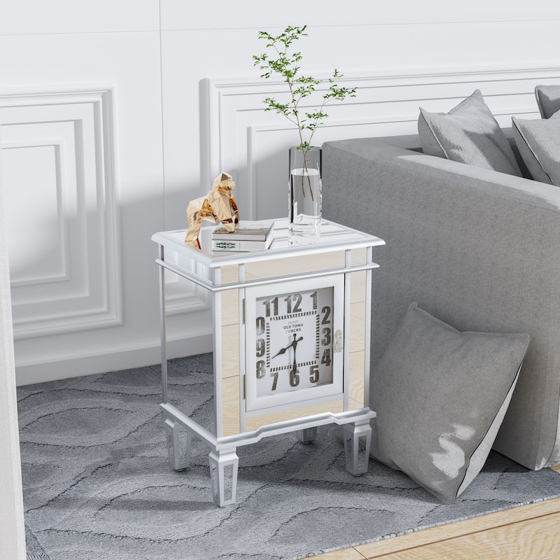 Mirrored Nightstand Clock End Table Silver Bedside Table Living Room - 19"x13"x25"