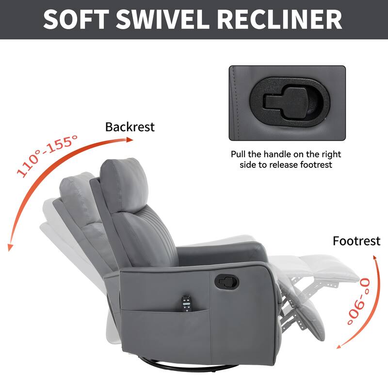 Leather Heat Massage Manual Recliner Chair with Rocker and Swivel in Fabric for Living Room