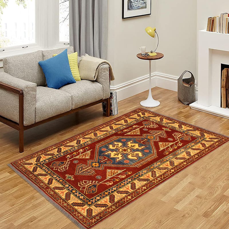 Caucasian Super Kazak Jaxon Rust/Tan Hand Knotted Wool Rug - 4'0'' x 5'5''
