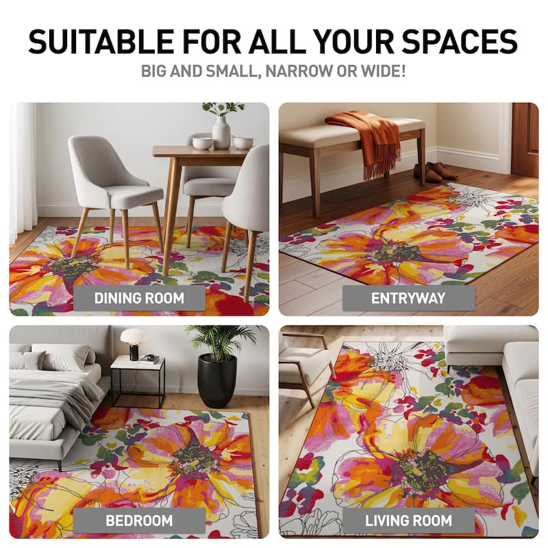 World Rug Gallery Modern Bright Flowers Non-Slip Area Rug Multi