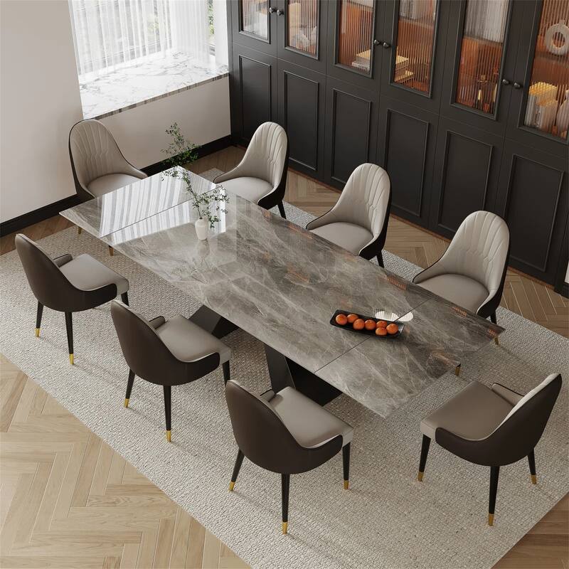 9 - Piece 110.24'' Extendable Sintered Stone Dining Table and 8 Leather Chairs Dining Set