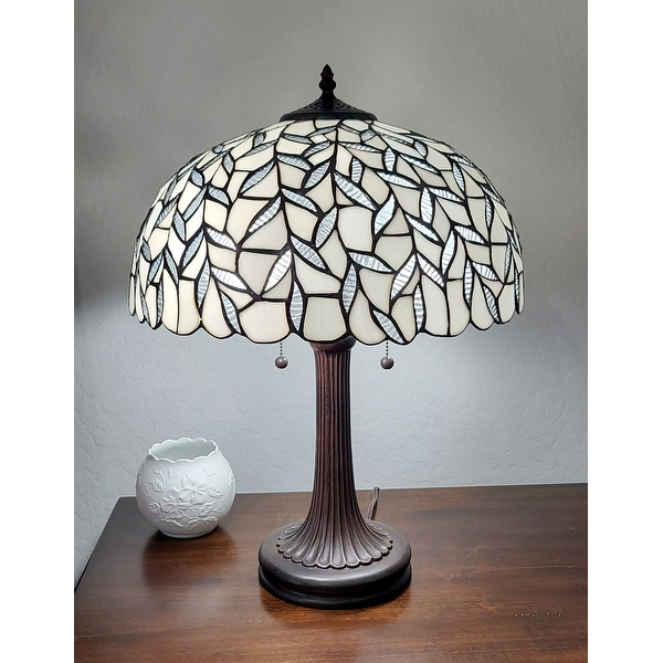Amora Lighting Tiffany Style Table Lamp Banker 23 Tall Stained Glass White Mahogany Elegant Vintage Antique Night Stand Light Decor Living Room