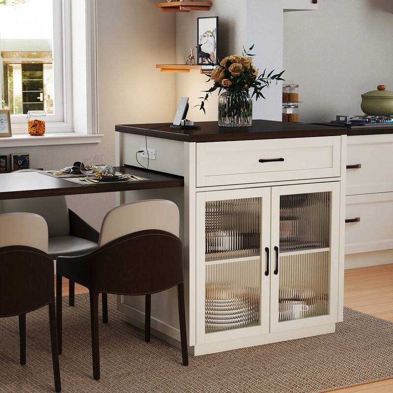 Extendable Kitchen Island with Slide Out Table and Double-Sided Storage for Home and Dining Use