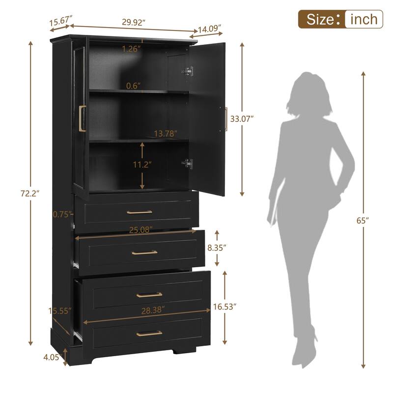 72.2" Tall Bathroom Cabinet with 3 Drawers - Partitioned & Deep, Adjustable Shelf, Soft-Close Doors, MDF Panels