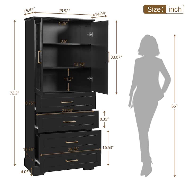 72.2"Tall Freestanding Bathroom Cabinet With 3 Drawers (Partitioned, Standard, Deep), Adjustable Shelf,Soft-Close Doors