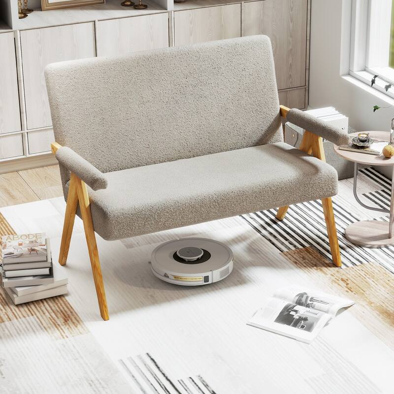 Gymax Loveseat Sofa Upholstered Sherpa Couch w/Armrests & Wooden Legs