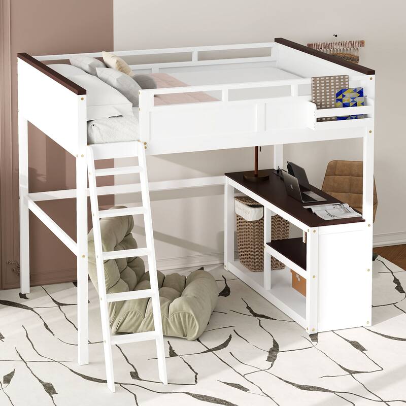 Queen Loft Bed with Desk, Storage Box, USB Charging and Shelves - White