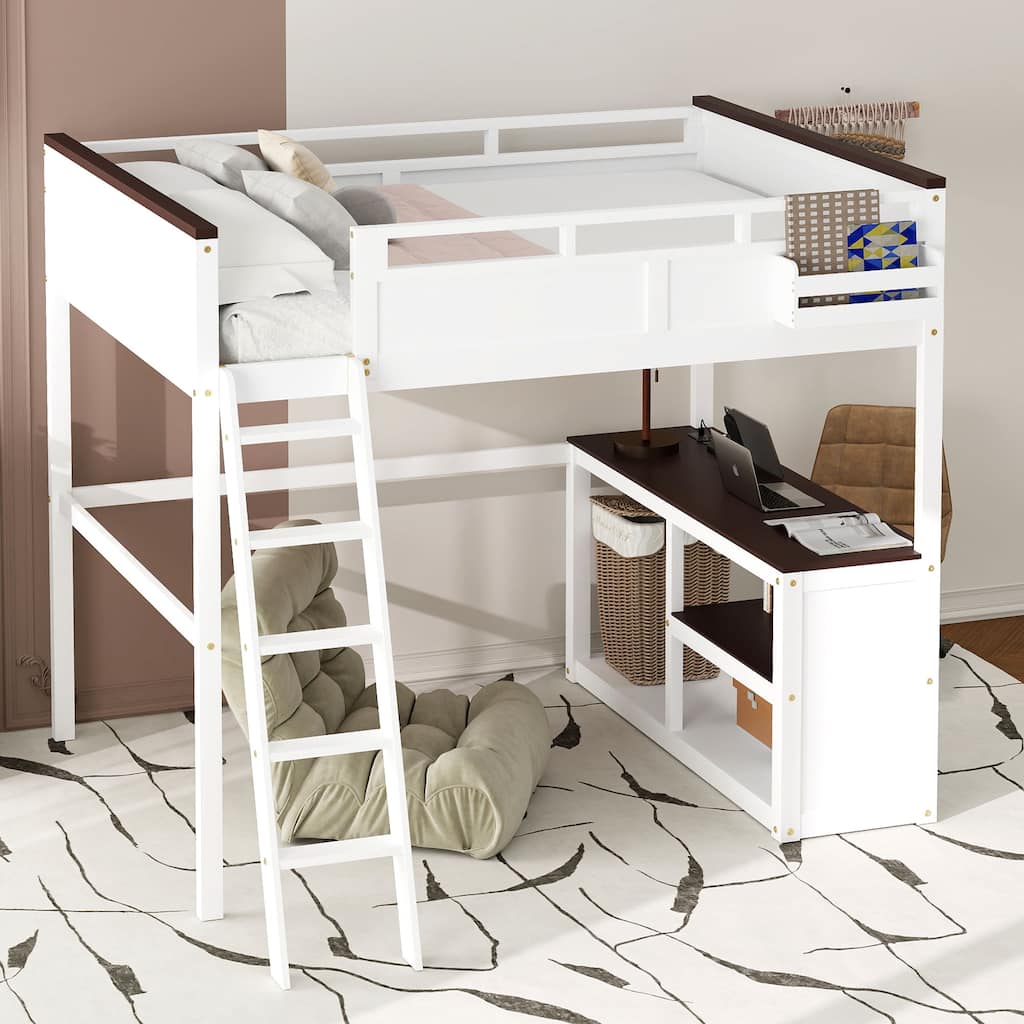 Queen Size Loft Bed with Desk, Open Shelf and Charging Station, Multi-functional Bed Frame with Ladder
