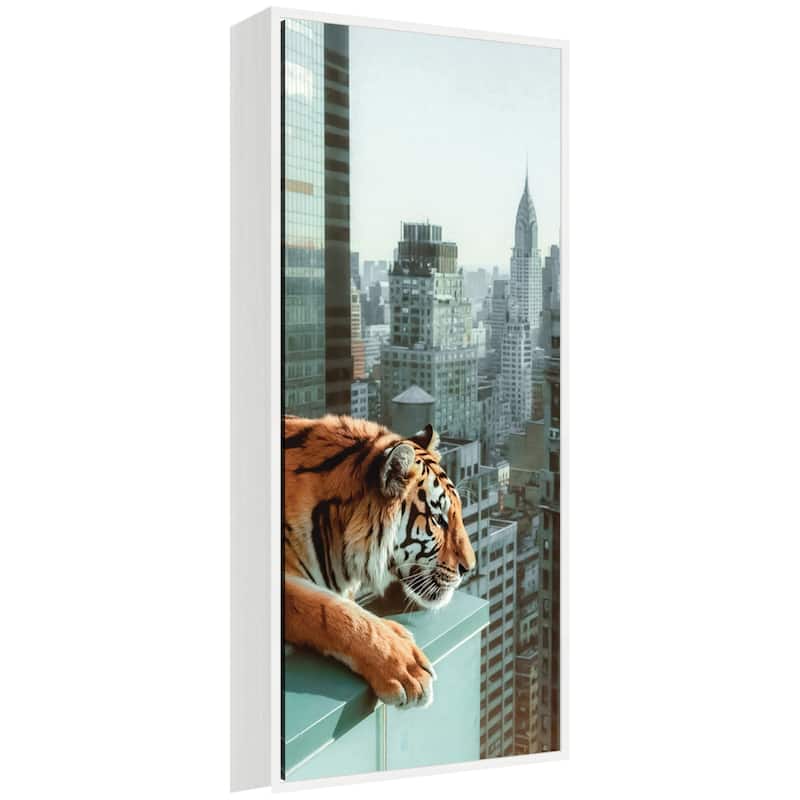 Kate and Laurel Sylvie Urban Tiger Overlooking Manhattan Framed Canvas by Michael Schauer - 18x40 - White