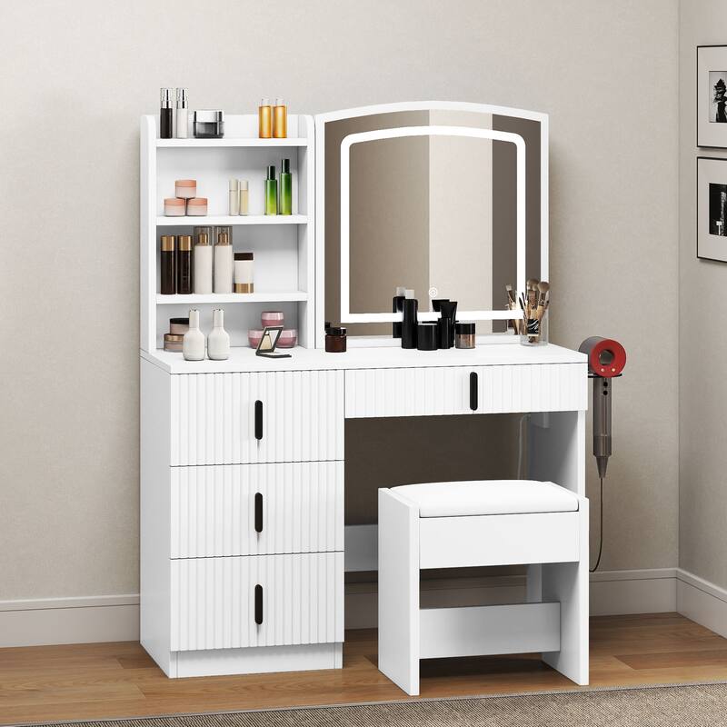 Moasis 4-Drawer Bedroom Makeup Vanity Table Set with Charging Station and LED Lighted Mirror & Stool - White