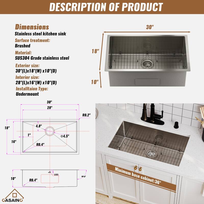 Stainless Steel Sink 16-Gauge Single Bowl Undermount Kitchen Sink in Brushed with Bottom Grid and Drainer