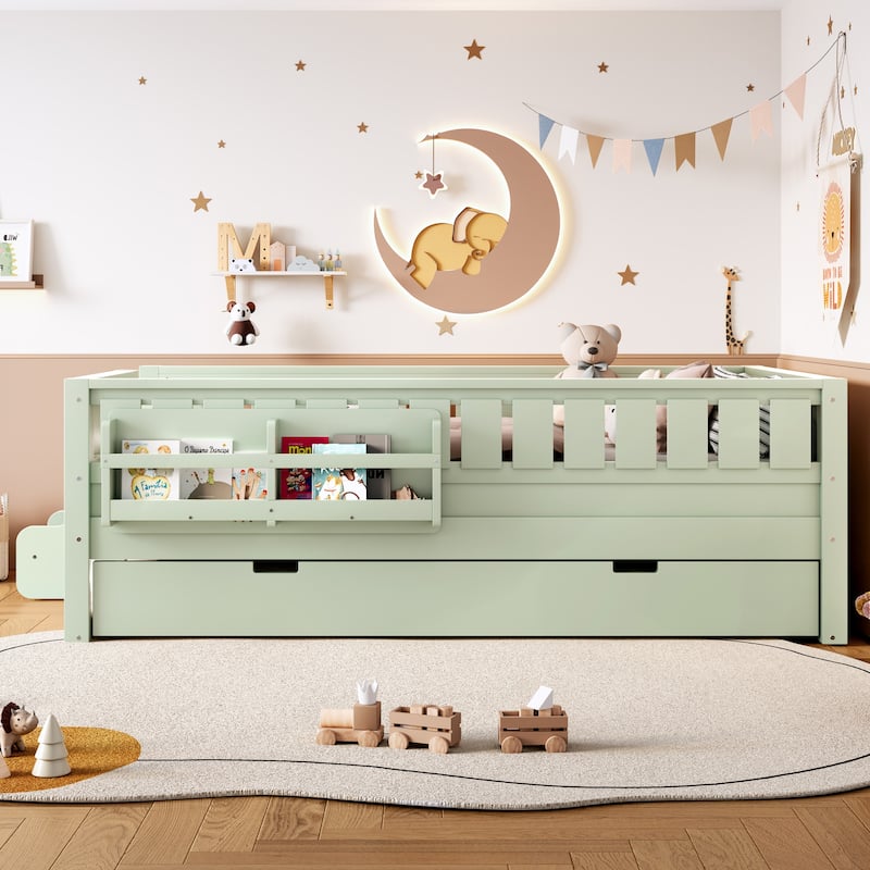 Full/Twin Loft Bed with Bookshelves, Safety Stairs & Trundle