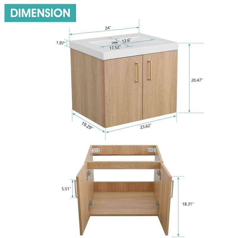 Prismella 24" 30" Wall-Mount Bathroom Vanity in Oak with Top