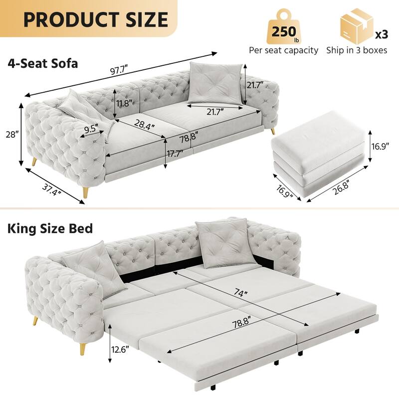 GDFStudio - Velvet 97.7" 3-in-1 Convertible Sleeper Sofa with Pull-Out Bed