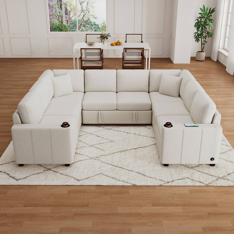 Convertible Sectional Sofa with Pull-out Sofa Bed and Dual Cup Holders