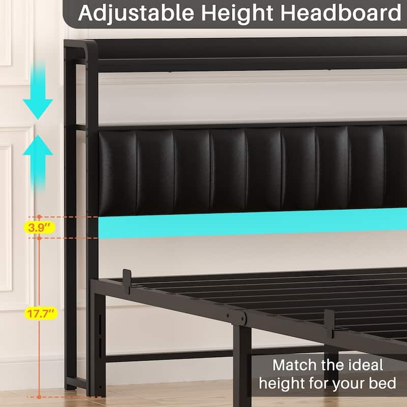 Platform Bed Frame with Upholstered Storage Headboard, Full/ Queen/ King Beds with Charge Station and LED Lights