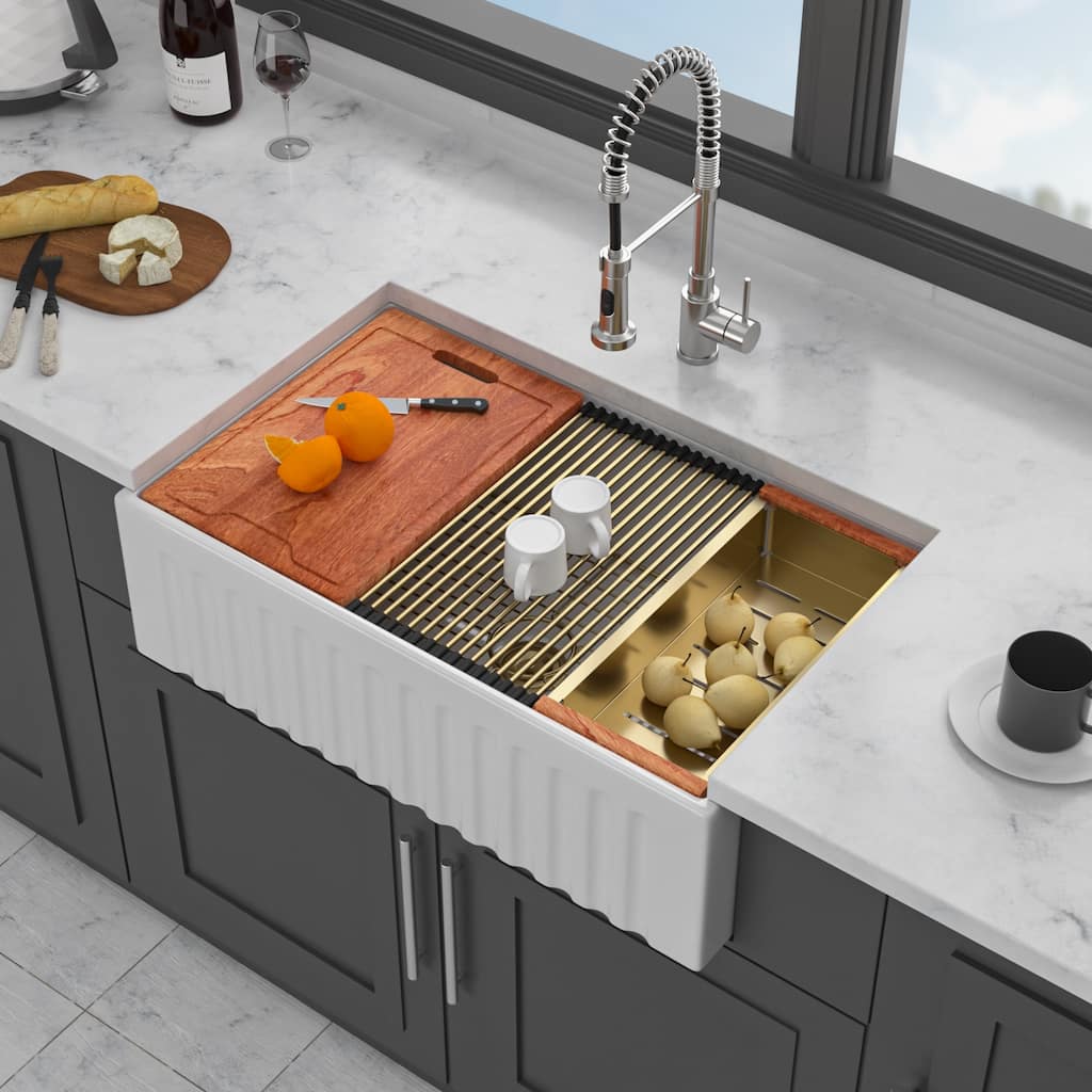 White Farmhouse Sink Workstation - Porcelain Ceramic Single Bowl Apron Front Kitchen Sink