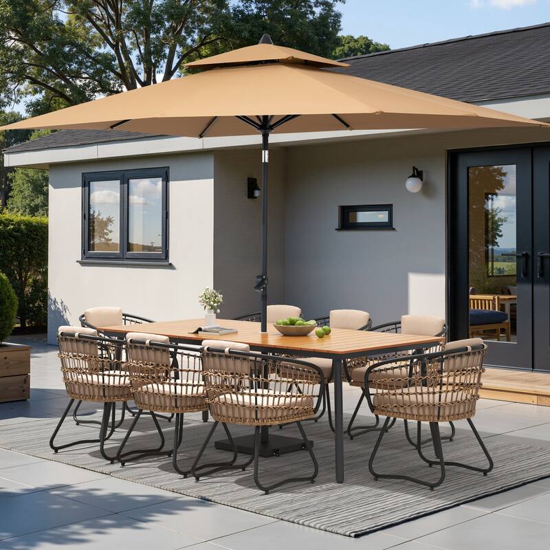 9/11-piece Outdoor Dining Set w/ Umbrella and Base Aluminum Dining Table and PE Rattan Chairs