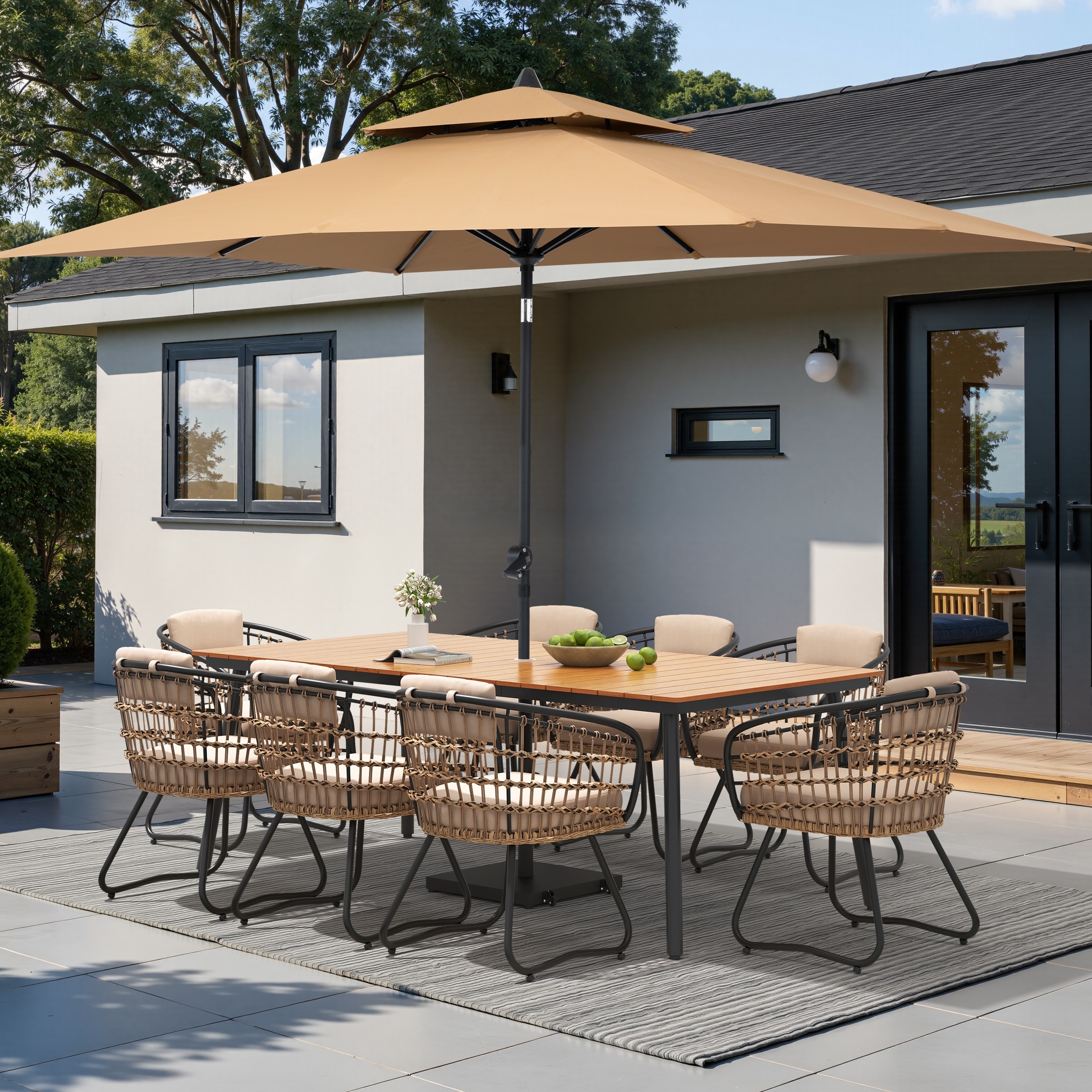 9/11-piece Outdoor Dining Set w/ Umbrella and Base Aluminum Dining Table and PE Rattan Chairs