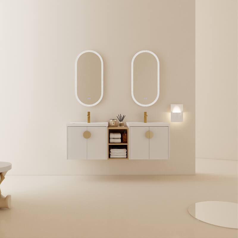 59.6-Inch Wall-Mounted Vanity with Scratch-Resistant Plywood Base and Two Ceramic Basins - 59.6in L