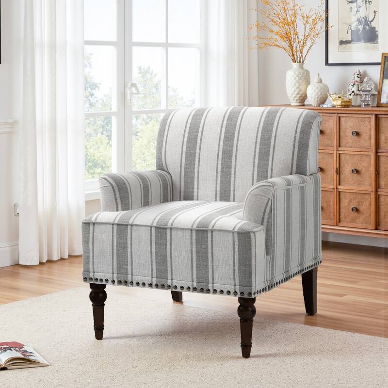 Striped Upholstered Linen Armchair with Brass Nailhead Trim - GRAY STRIPED
