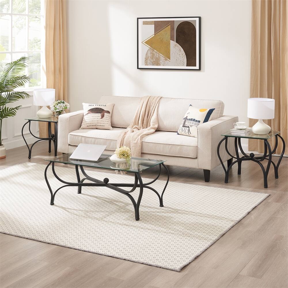 3-Piece Tempered Glass Coffee Table Set with 2 Square End Side Table