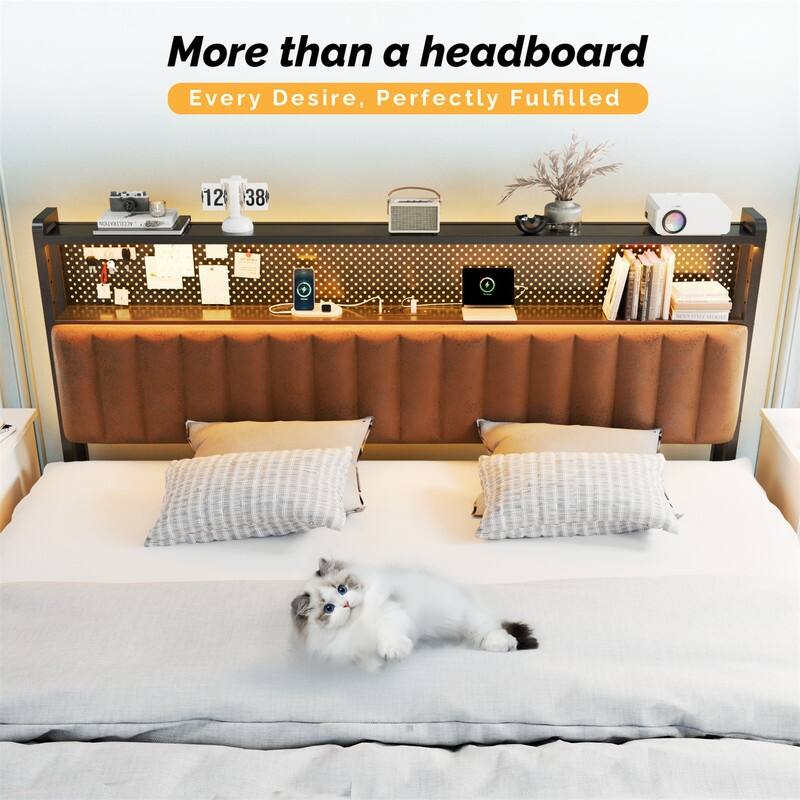 Adjustable Upholstered Headboard with 2 Tier Shelves with Charging Stations and LED Lights, Modern Bed Headboard with Storage