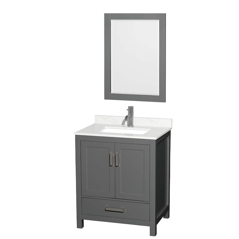 Sheffield 30-inch Single Vanity, Single Hole Quartz Top,24-inch Mirror - Dark Gray, Chrome Trim, Giotto Quartz Top