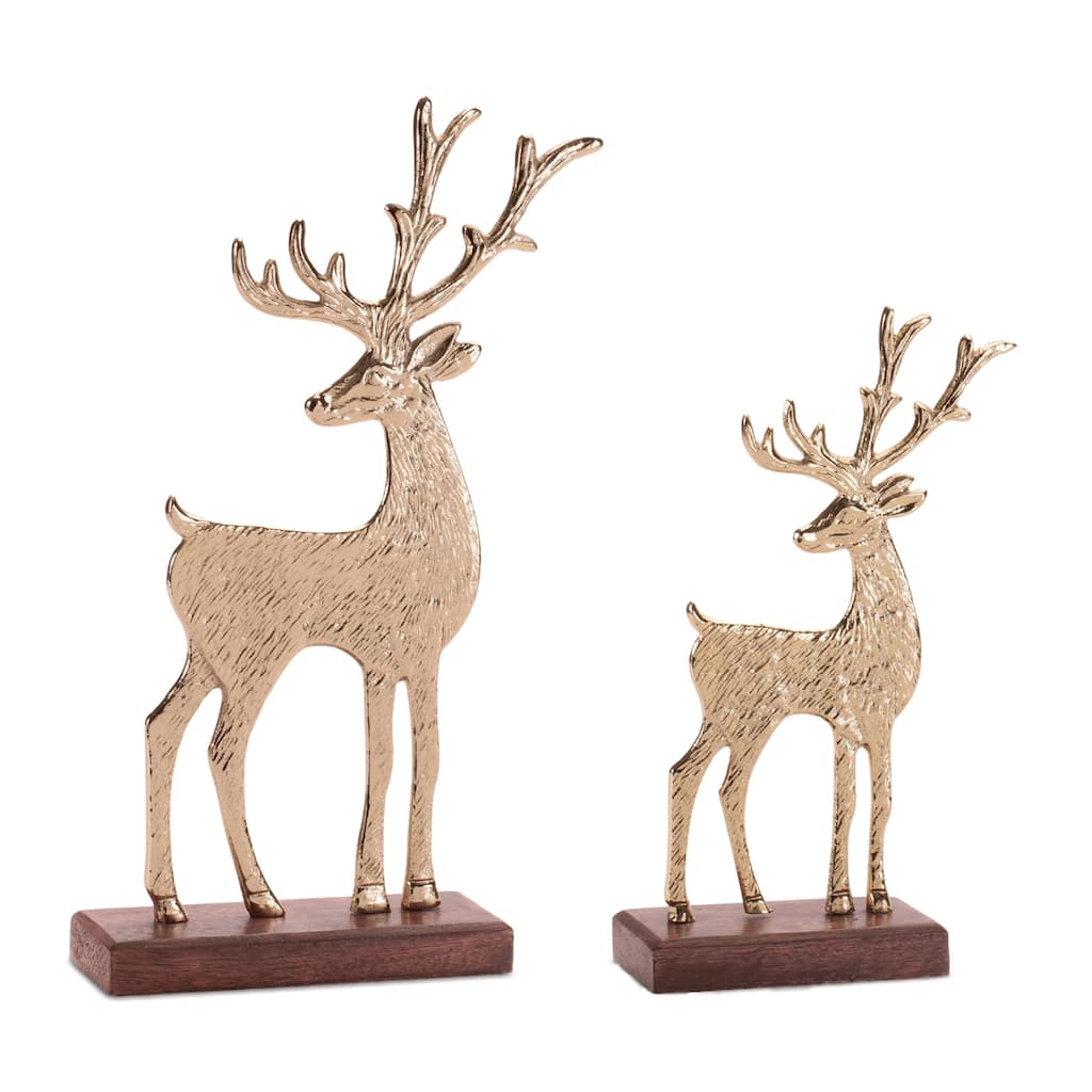 Metal Deer Figurines on Wood Base (Set of 2)