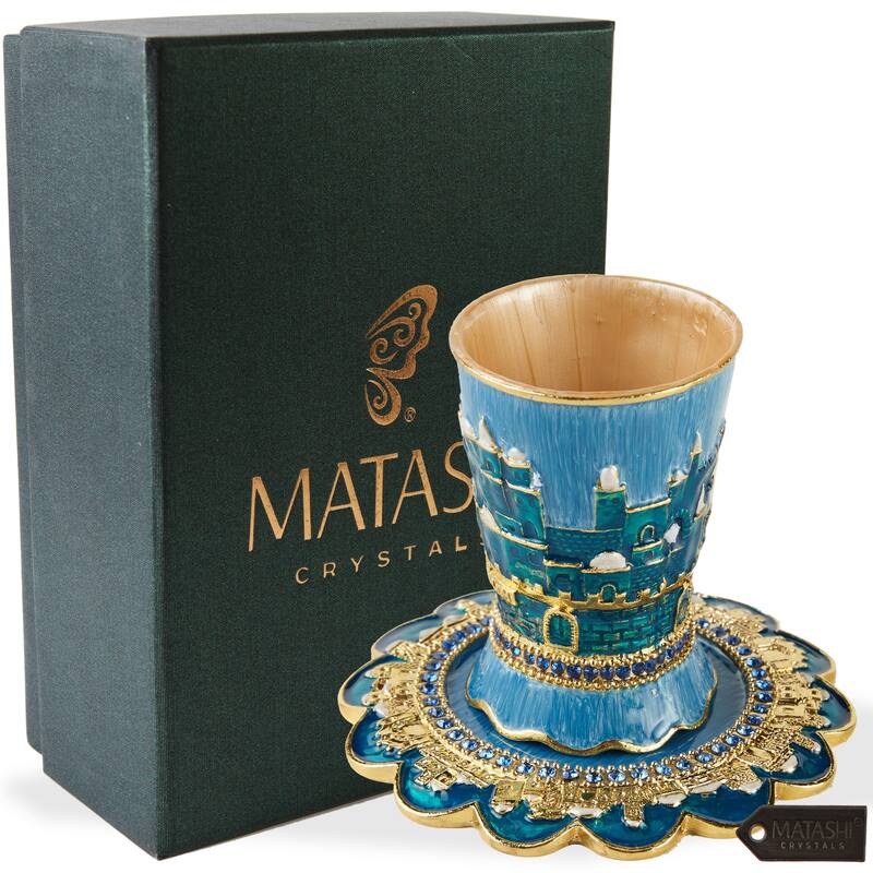 Matashi Hand-Painted Enamel 3.3'' Tall Kiddush Cup Set w/ Tray Embellished w/ High Quality Crystals & Jerusalem Cityscape Design