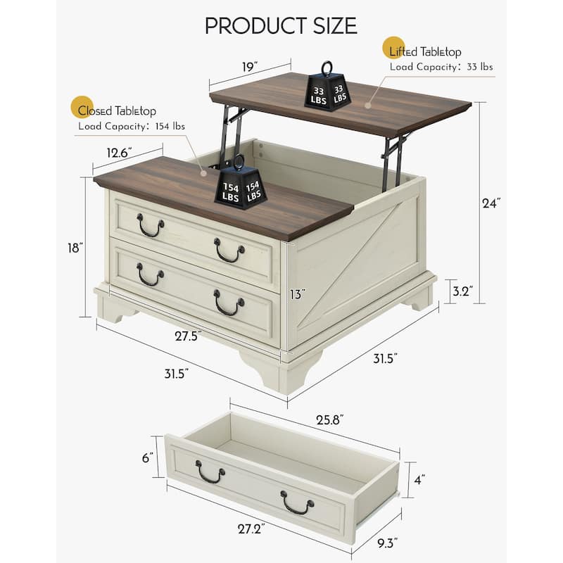 Moasis Farmhouse 31" Lift Top Square Coffee Table with 2 Drawers and Hidden Storage