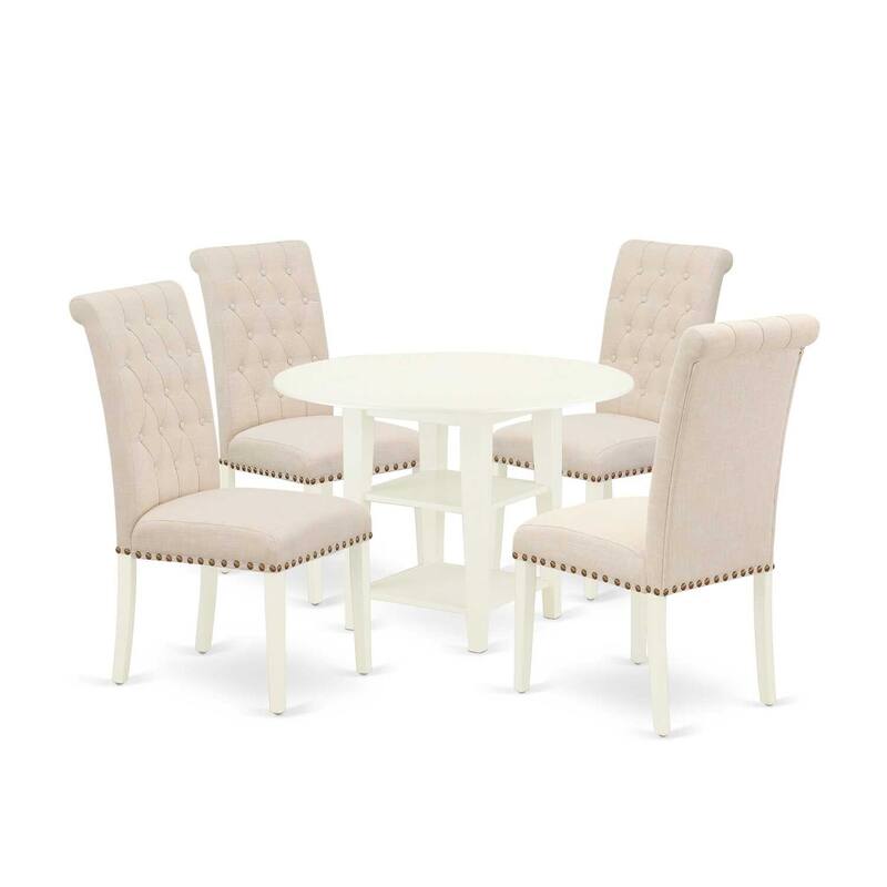 HomeStock 5-Pc Linen White Finish Solid Wood Top - Round Dining Room Set with Dropleaf - Seats 4