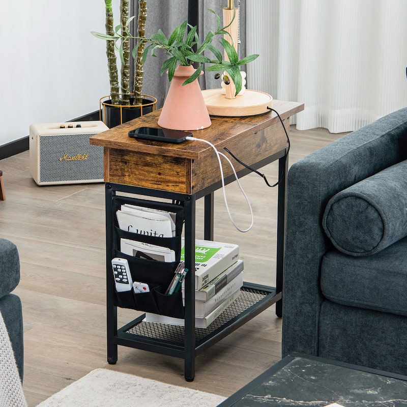 Gymax End Table with Charging Station Industrial Nightstand Flip Top