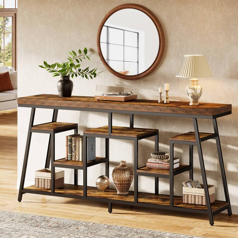 70.9-Inch Extra Long Console Table with Storage for Entryway, Sofa Table Behind the Couch - 13.78" D x 70.87" W x 33.46" H - Brown