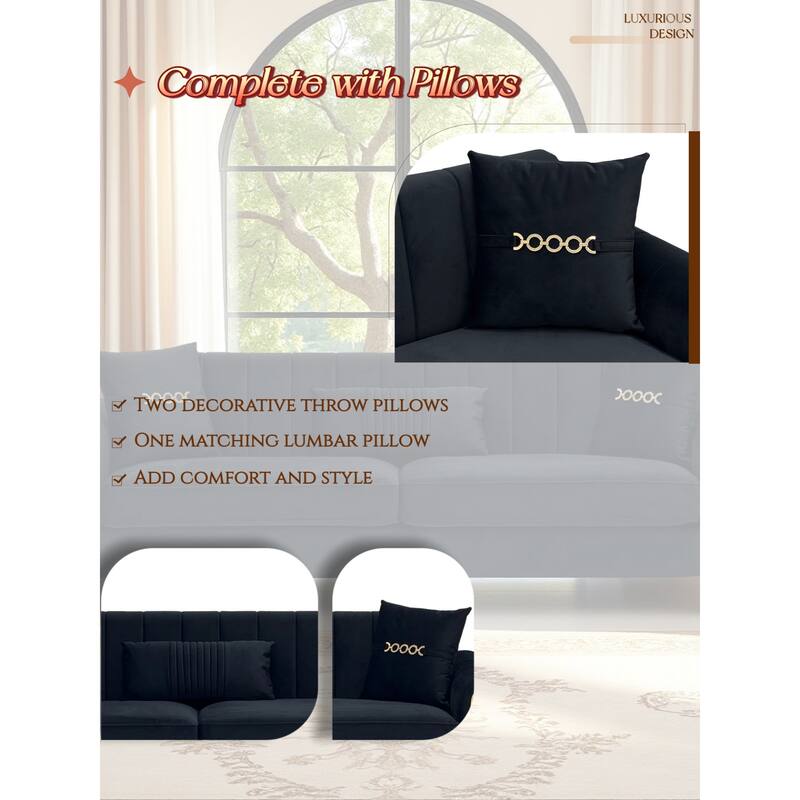 Roomfitters 87.4 Inch 3 Seater Elegant Modern Upholstered Sofa with Gold Metal Trim, Vertical Channel Tufted Back