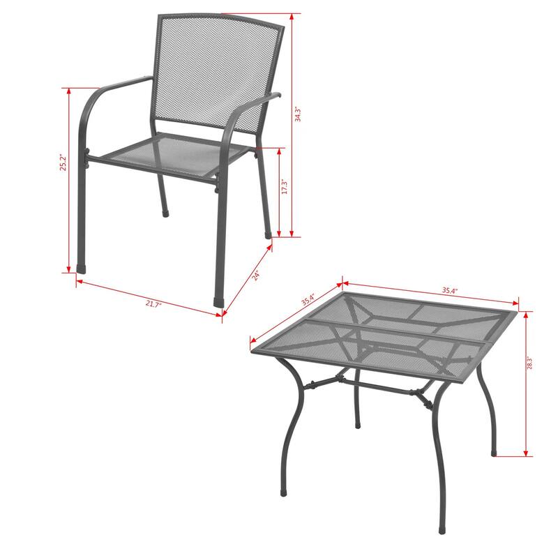 5pc Outdoor Dining Table Set, 4 Stackable Armchairs, Gray Steel Metal