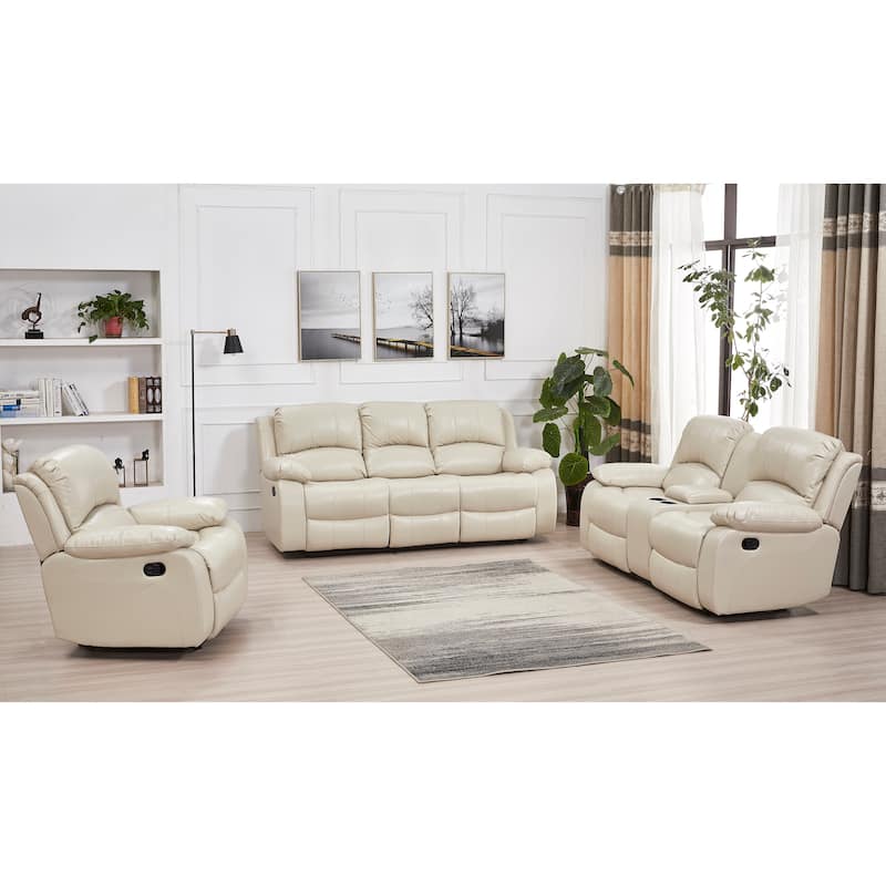 Betsy Furniture 3 Piece Bonded Leather Reclining Living Room Set, Sofa, Loveseat and Glider Chair - Beige