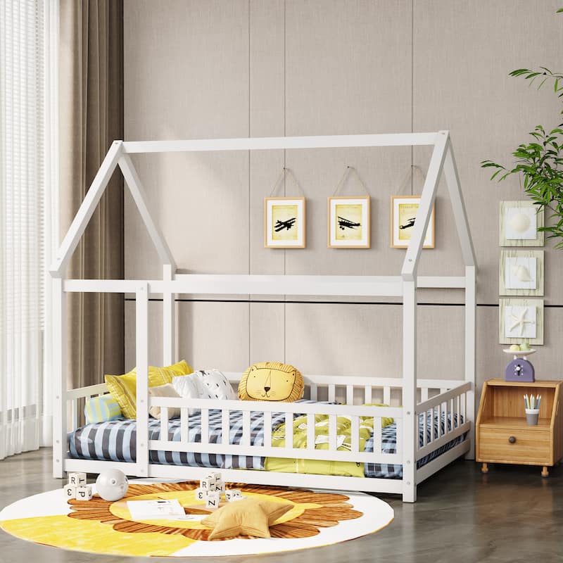 Floor Wooden Bed with House Roof Frame - White - Full