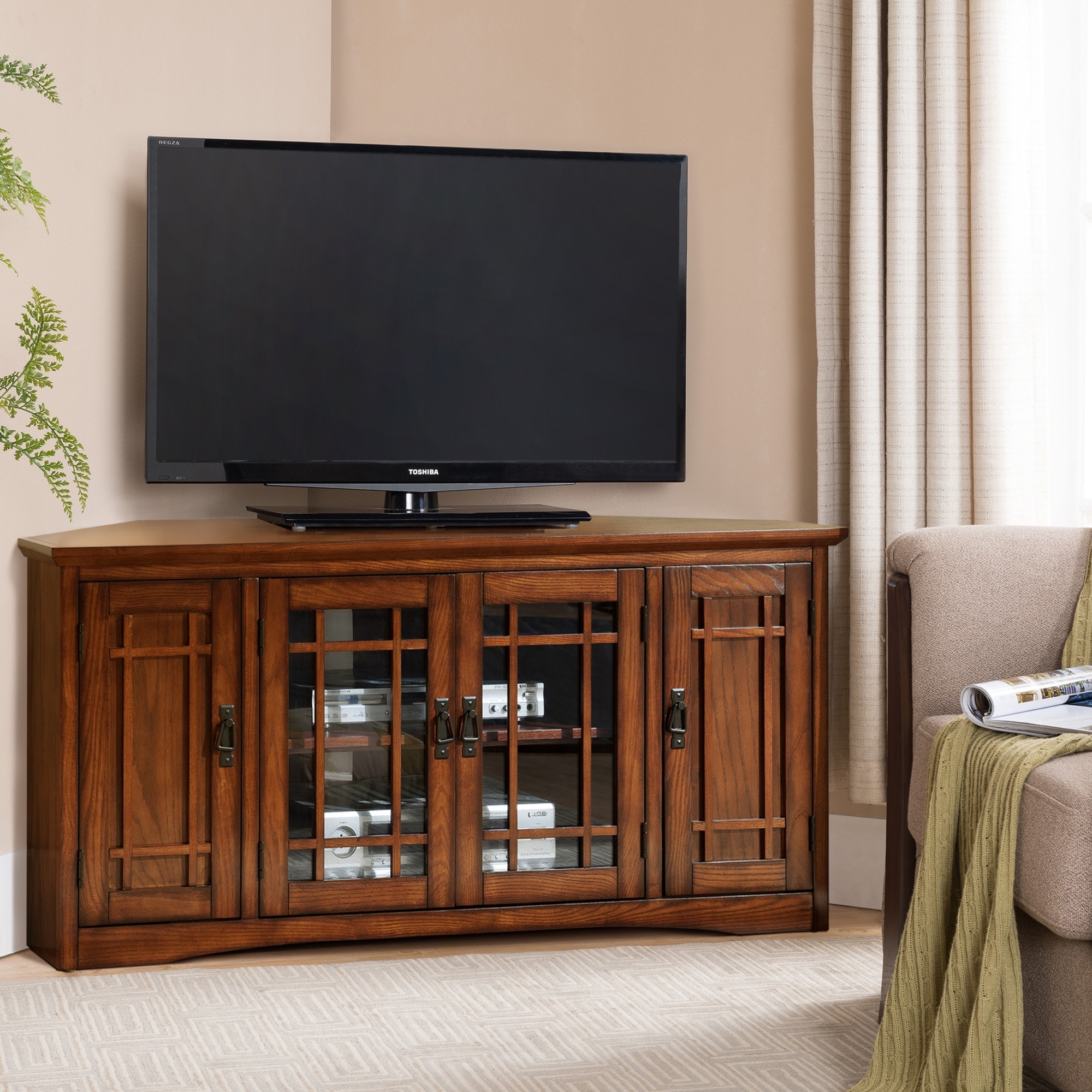 Leick Home Solid Wood Mission Oak 4-Door Corner TV Stand - 56 inches x 20 inches x 25 inches