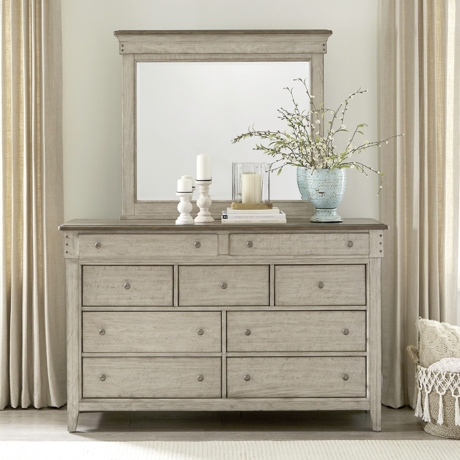 Liberty Furniture Ivy Hollow Bedroom Dresser & Mirror Weathered Linen & Taupe