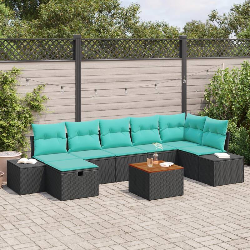 vidaXL 8 Piece Garden Sofa Set with Cushions Black Poly Rattan - 125.6×60.6×27.2