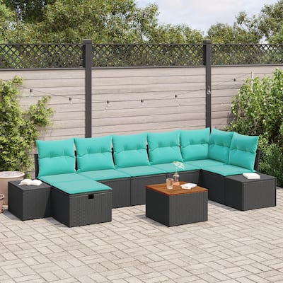 vidaXL 8 Piece Garden Sofa Set with Cushions Black Poly Rattan - 125.6×60.6×27.2
