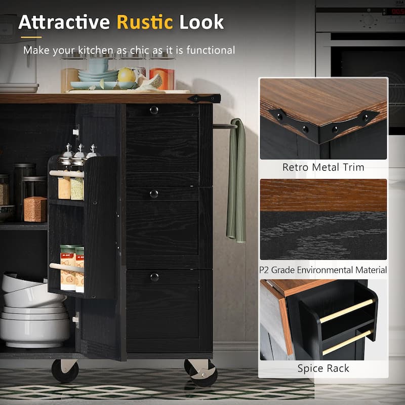 Anmytek Black Farmhouse Kitchen Island Cart with Drop Leaf and Outlets - Rolling Cart with Drawers and Spice Storage