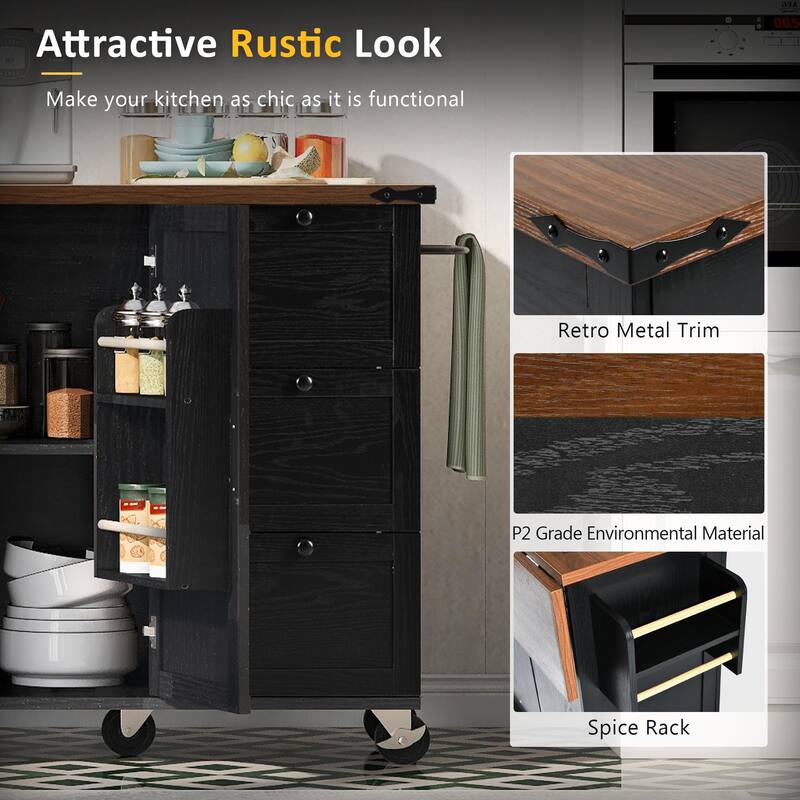 Rolling Kitchen Island with Folding Drop Leaf, Wooden Storage Cabinet with Power Outlet, Internal Storage Rack and Spice Rack