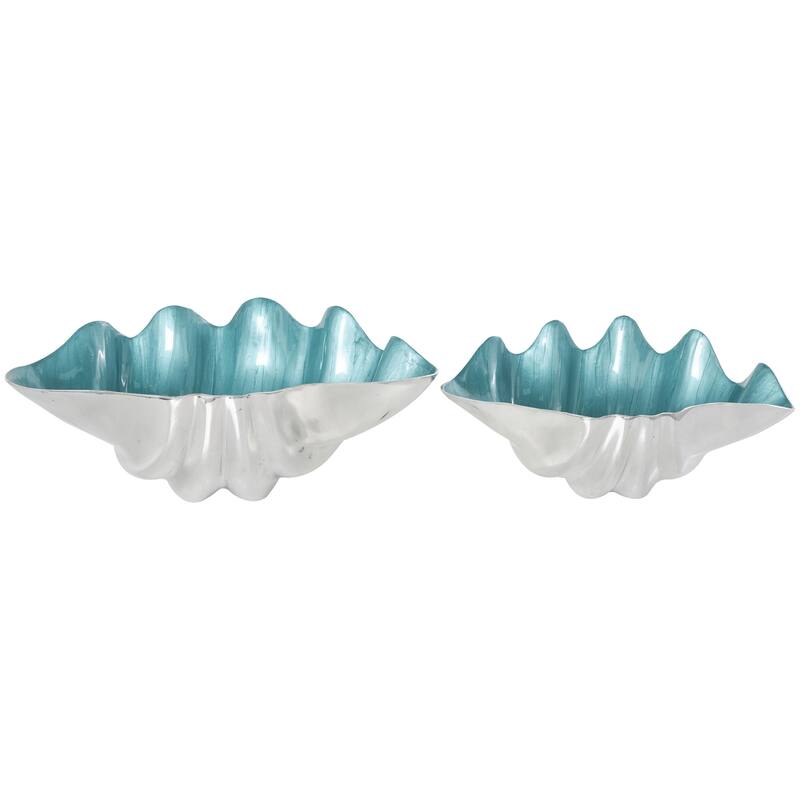 Aluminum Metal Shell Enameled Decorative Bowl with Silver Metal Exterior - Set of 2 Teal or White - Roche River Decor