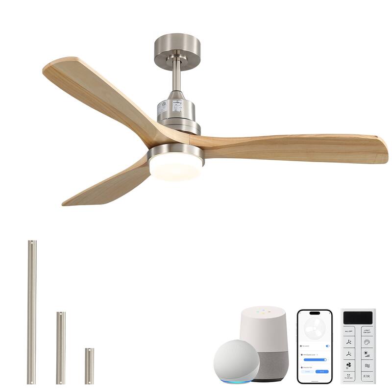 Sofucor 52 Inch Ceiling Fan with Light and Remote,Smart Optional,Quiet DC Motor for Bedroom Living Room Farmhouse Patio Porch - Smart(Remote+APP+Voice Control) - Nickel with Natural Solid wood Blades