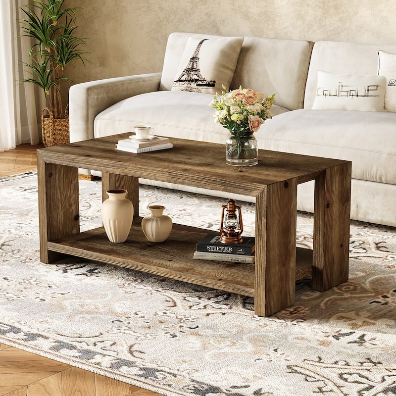 47.24" Solid Wood Coffee Table with 2-tier Storage - Brown