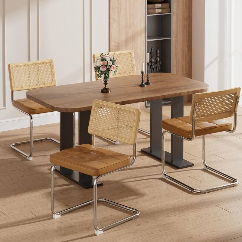 Mid-Century Modern Chairs Set - Faux Leather & Rattan