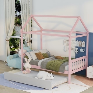 Solid Wood Twin House Bed Frame with Twin Size Trundle For Warm Pink Color